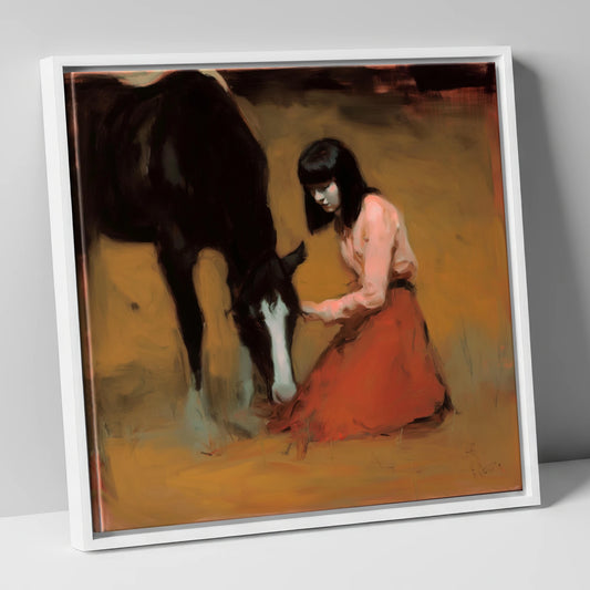 Quiet Communion horse & rider canvas wall art in white frame