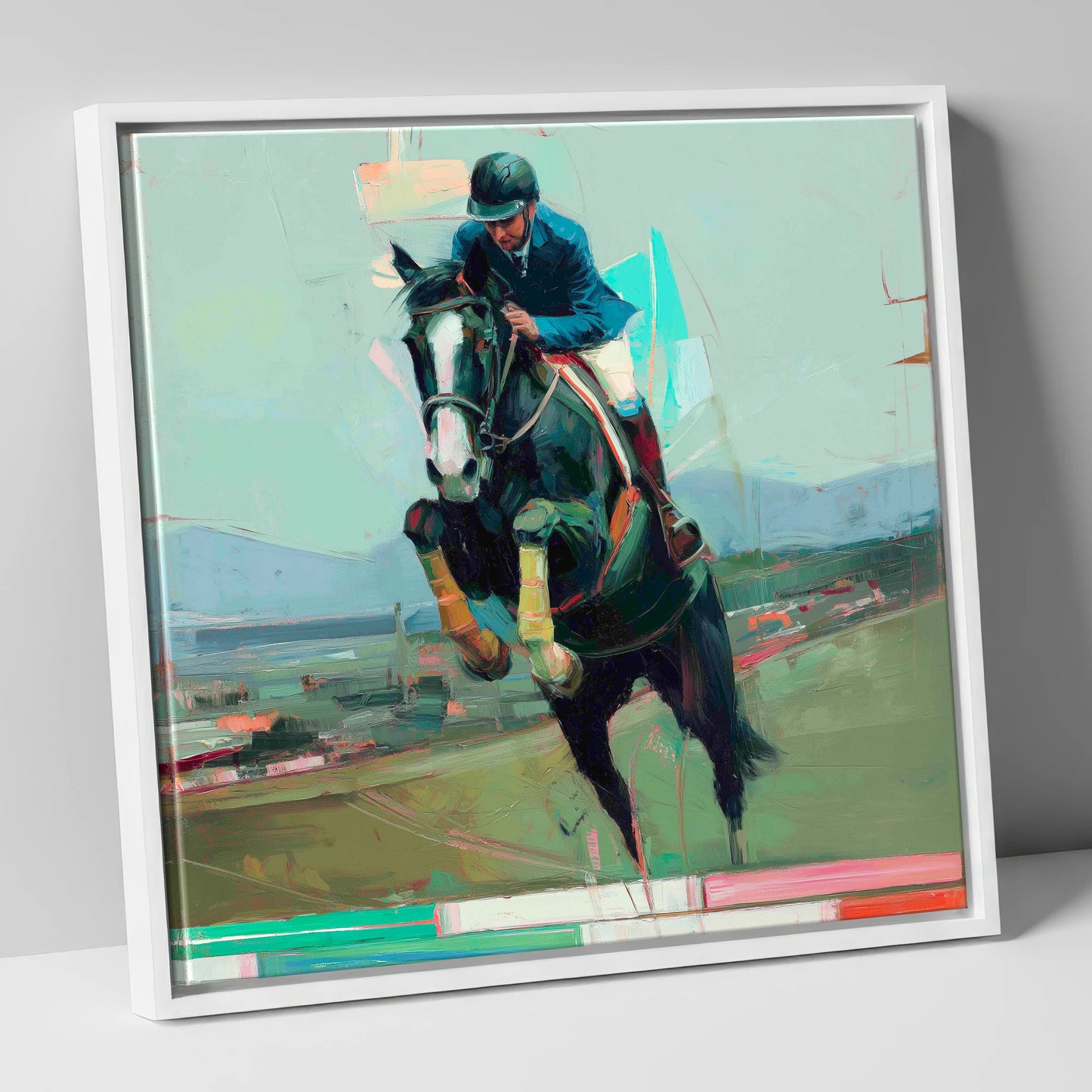 Bold Ascent show jumping horse canvas wall art in white frame