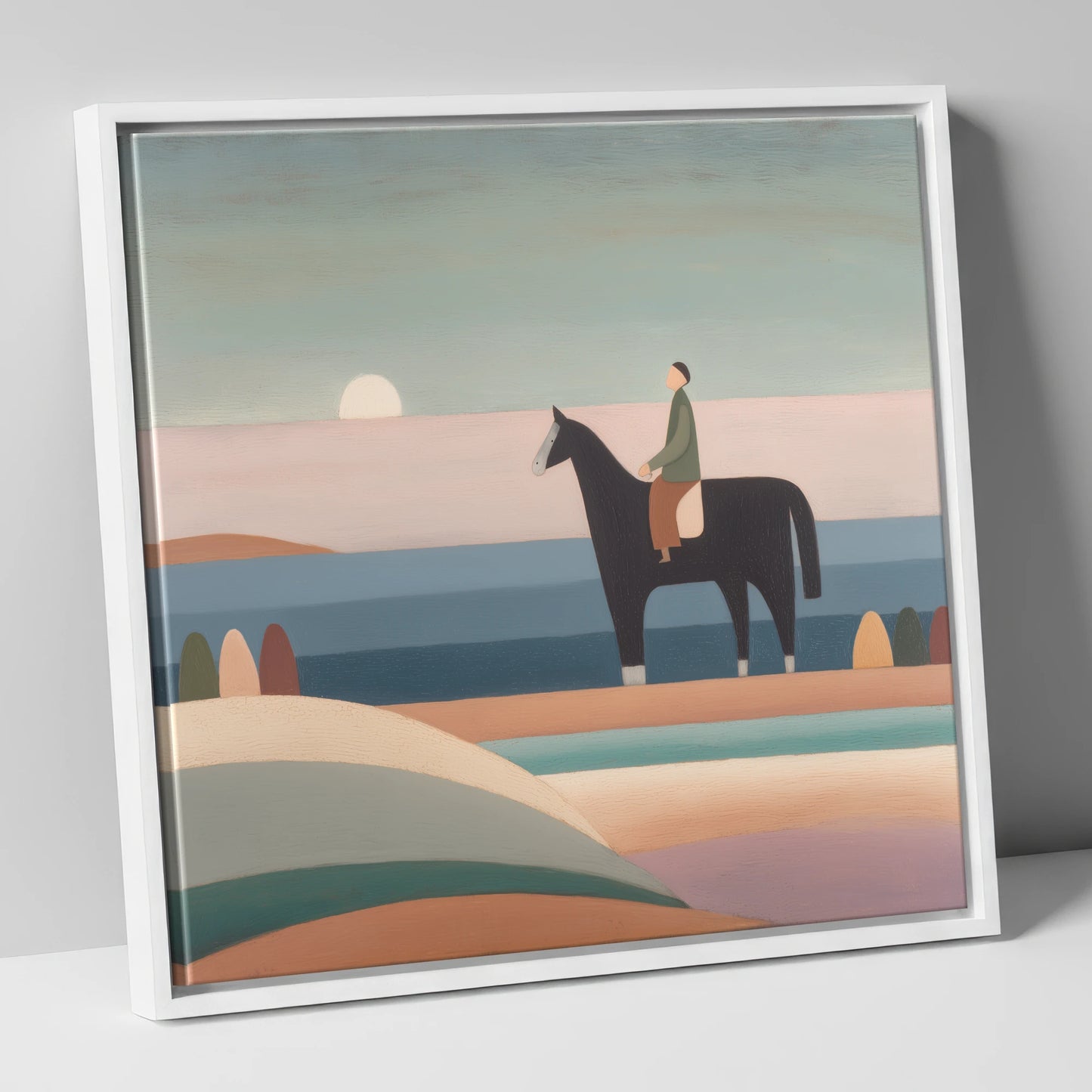 Tranquil Beach Hack beach horse canvas wall art in white frame