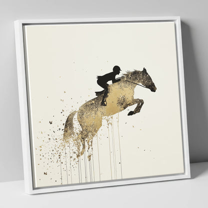 Airborne Gold show jumping horse canvas wall art in white frame