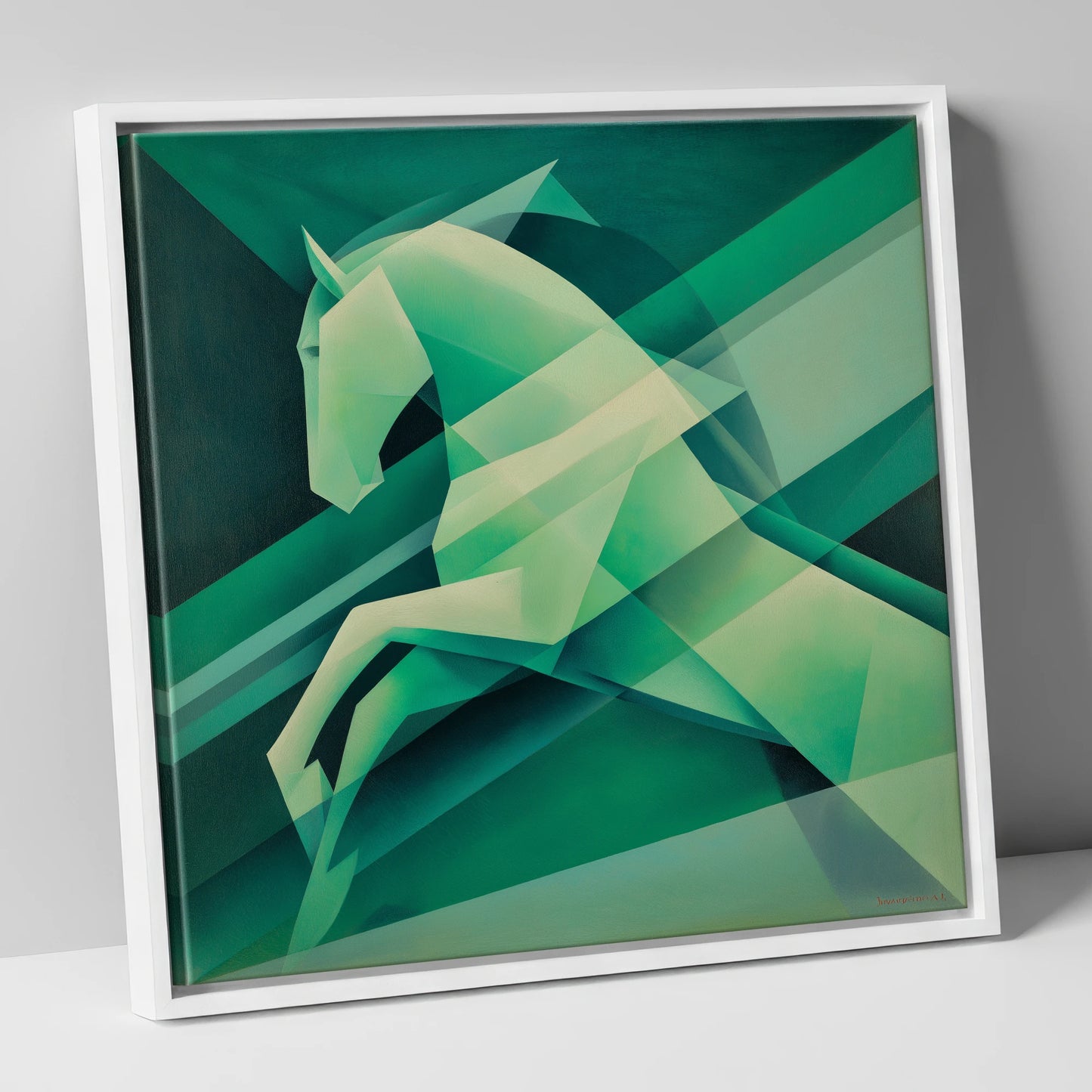 Emerald Geometric Leap show jumping horse canvas wall art in white frame