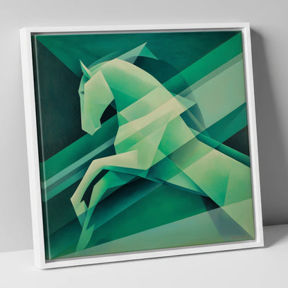 Emerald Geometric Leap show jumping horse canvas wall art in white frame