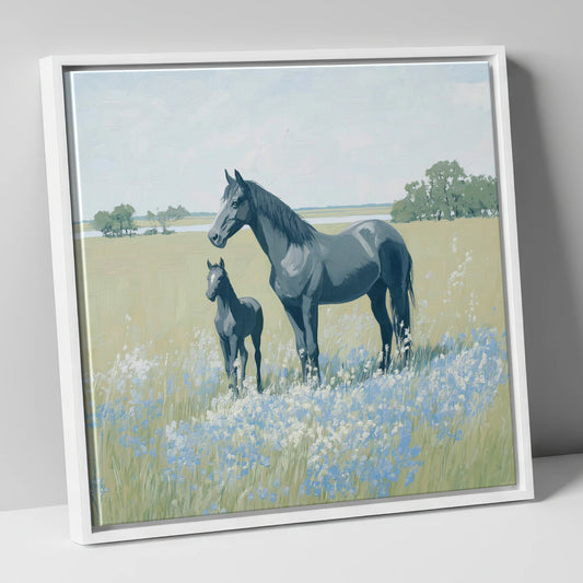 Slate Grey Summer Pasture mare & foal canvas wall art in white frame