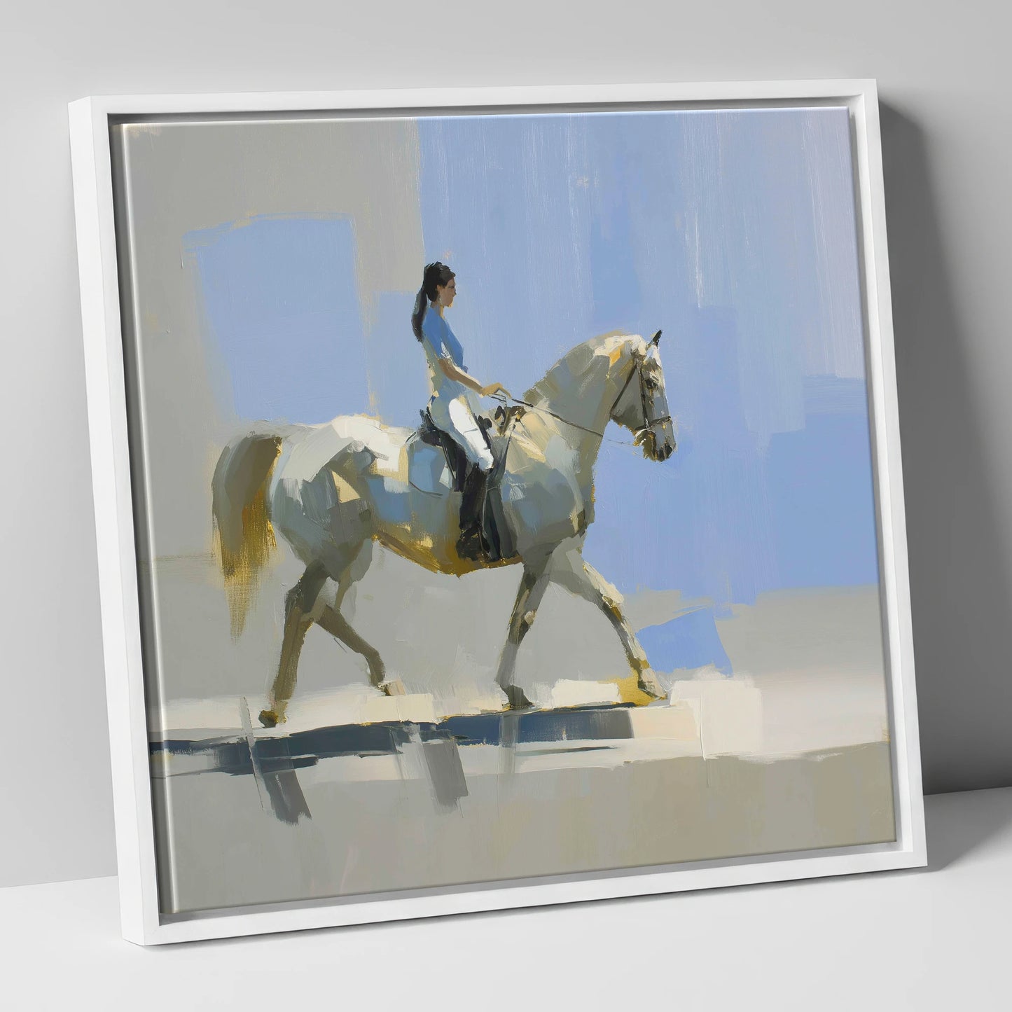 The Sunlit Grey dressage horse canvas wall art in white frame