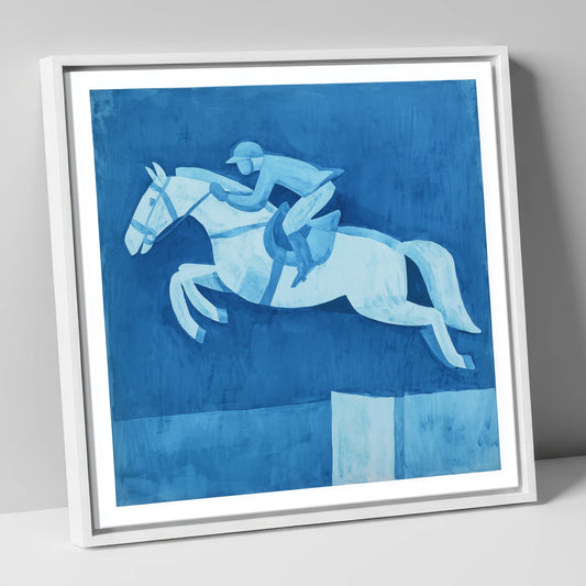 Azure Clear Round show jumping horse canvas wall art in white frame