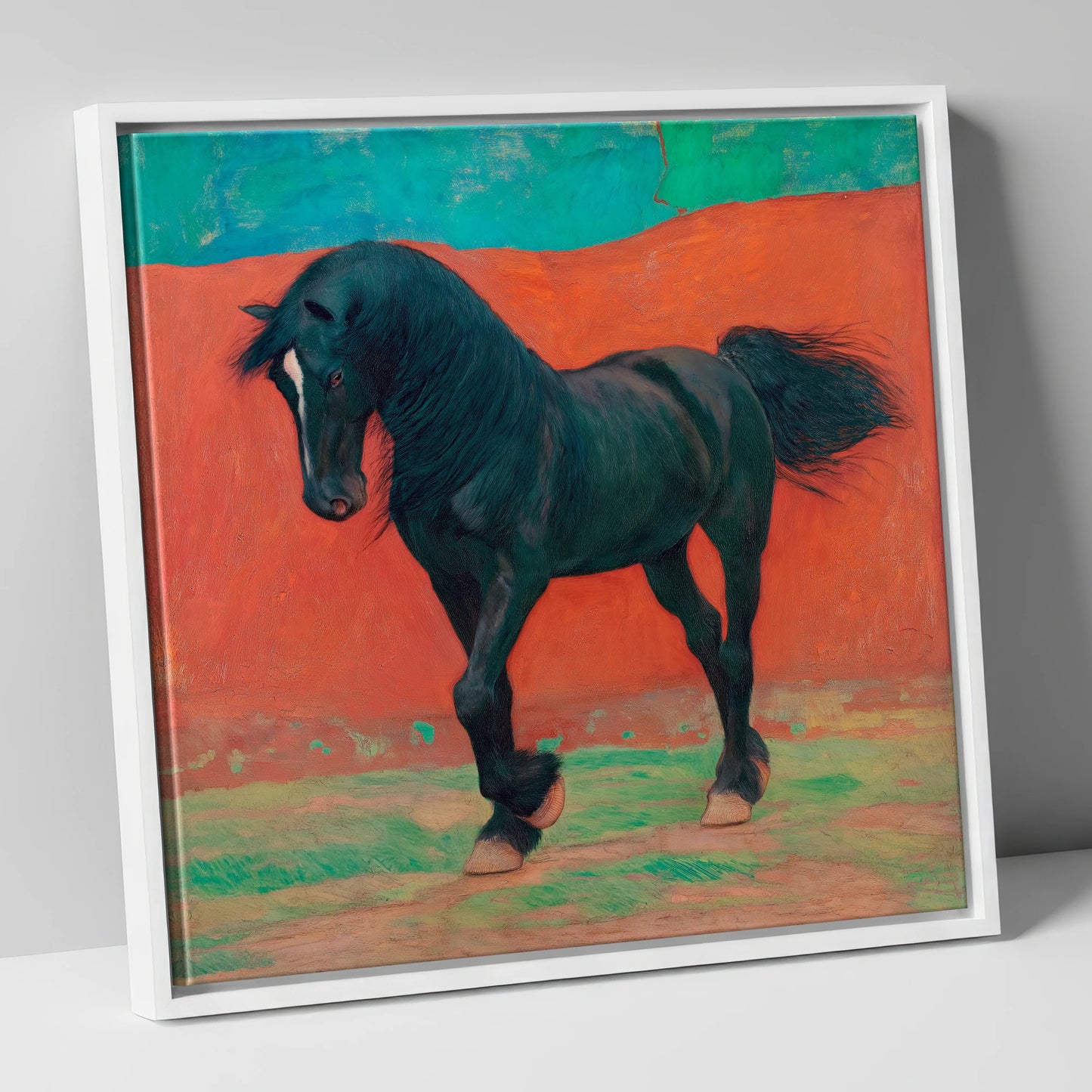 Bold Friesian Rhythm horse breed canvas wall art in white frame