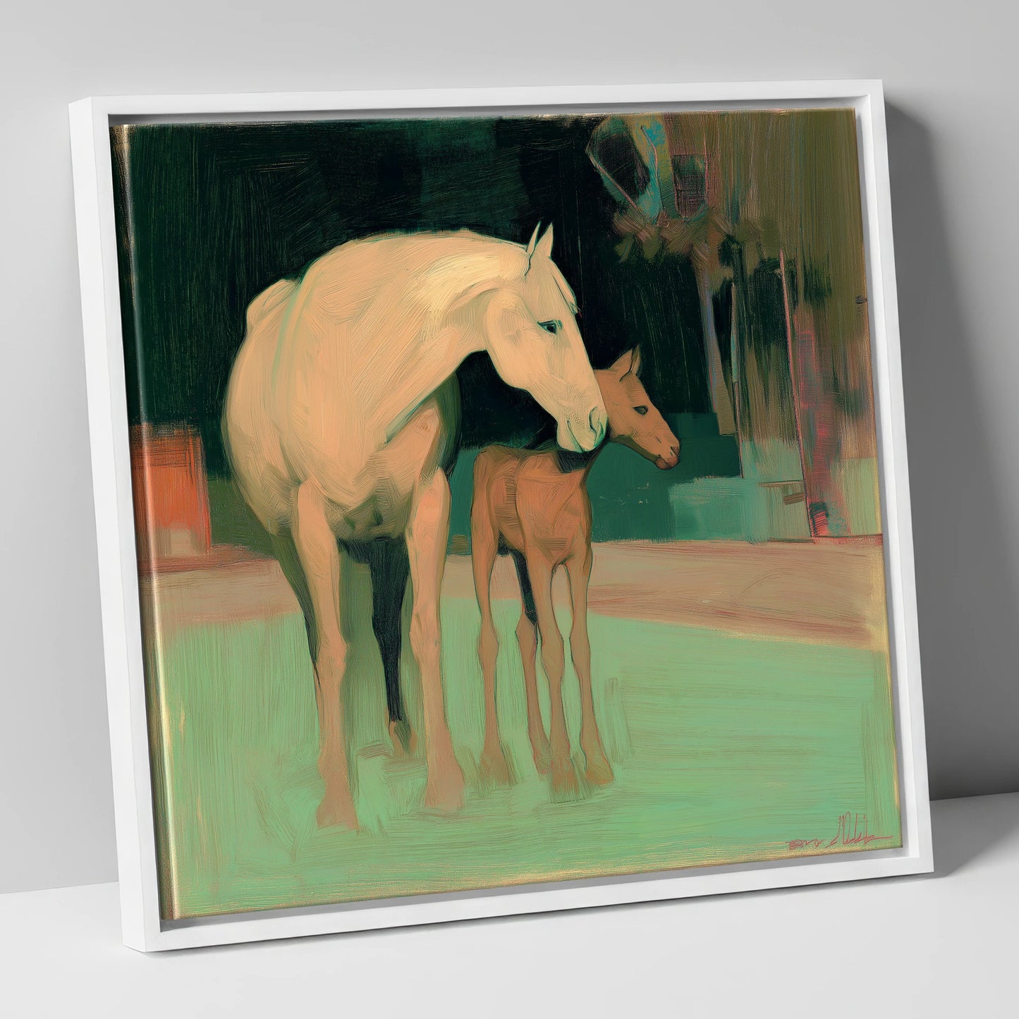 A Quiet Connection mare & foal canvas wall art in white frame