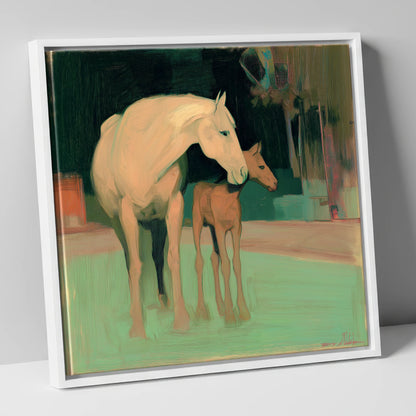 A Quiet Connection mare & foal canvas wall art in white frame