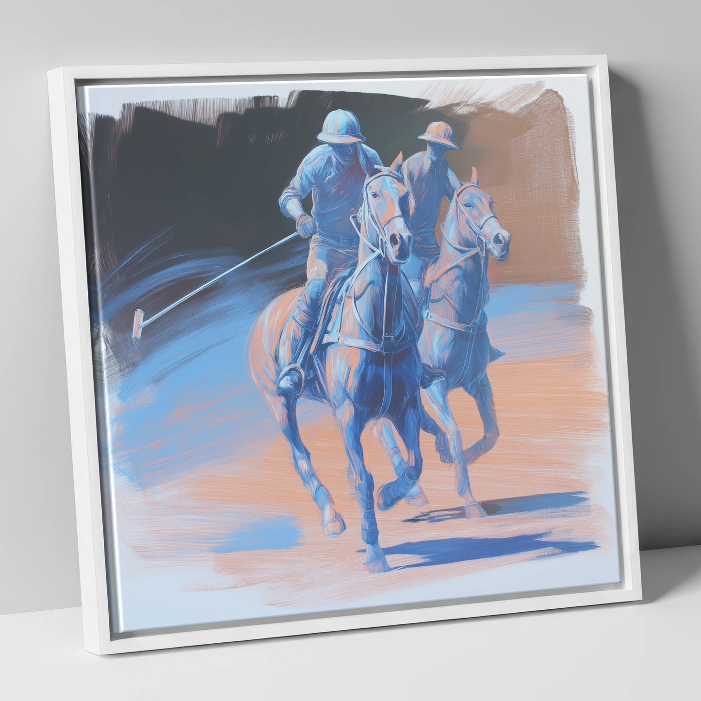 Cobalt Polo Pursuit polo horse canvas wall art in white frame