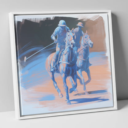 Cobalt Polo Pursuit polo horse canvas wall art in white frame