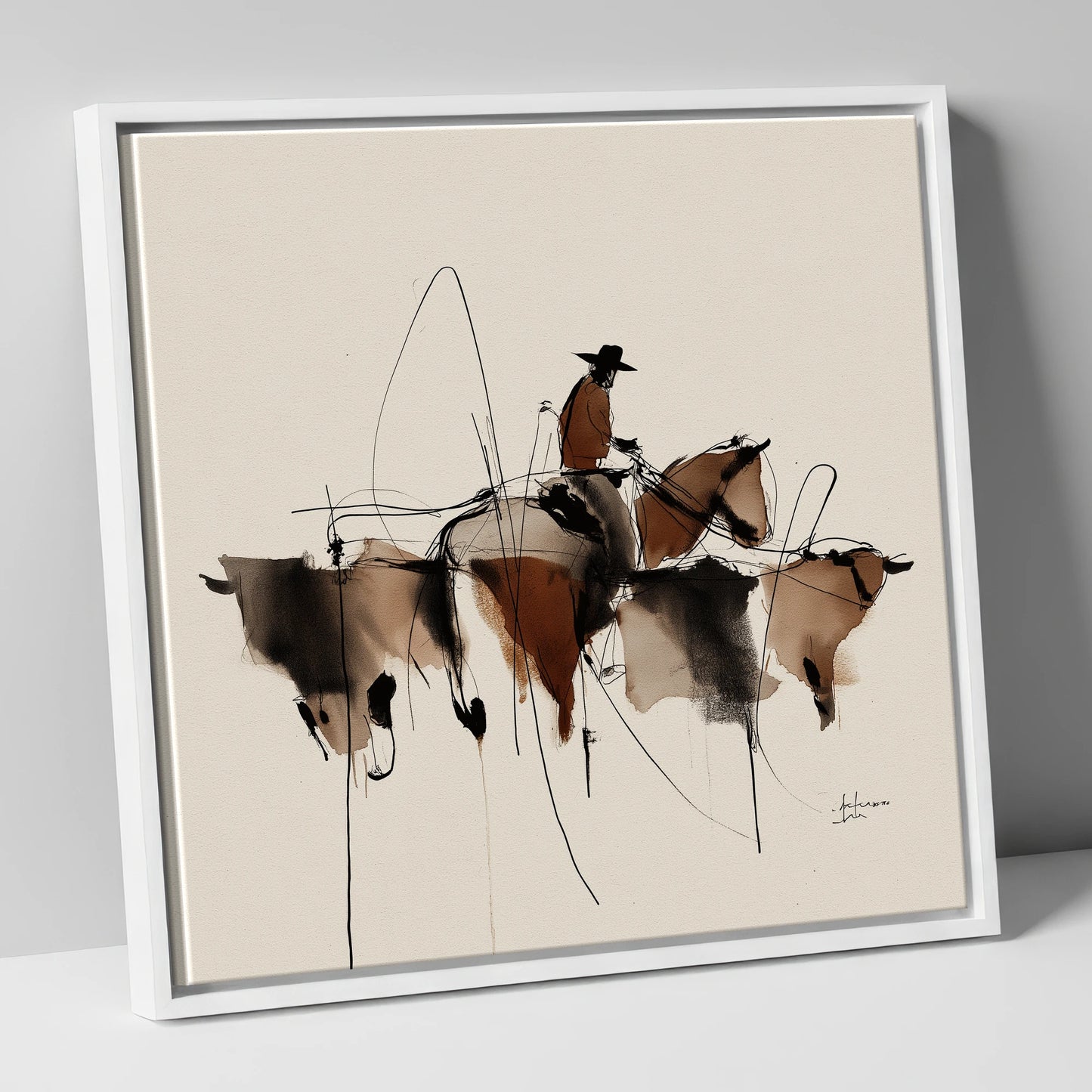 The Cattle Drive western horse canvas wall art in white frame