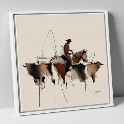 The Cattle Drive western horse canvas wall art in white frame