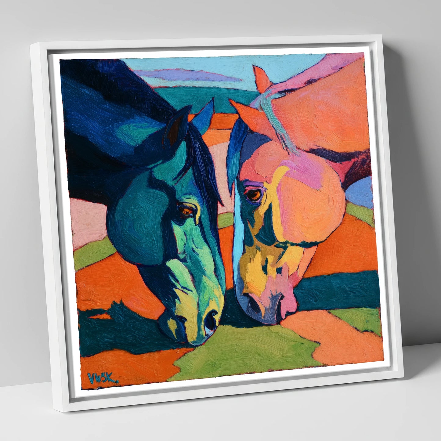 Vibrant Companions horse portrait canvas wall art in white frame