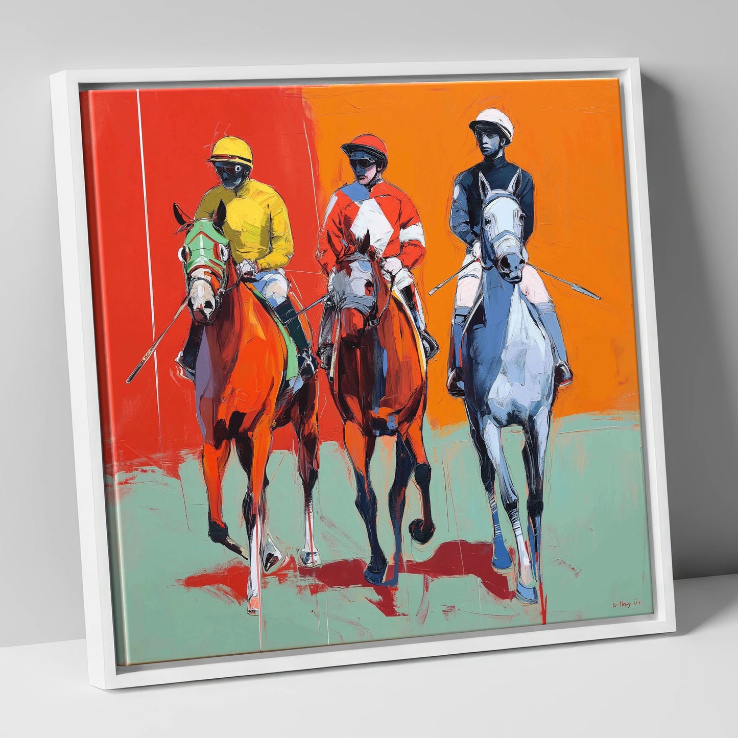 Three to the Post racing horse canvas wall art in white frame