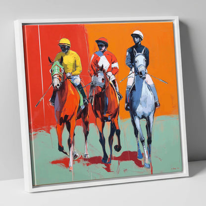 Three to the Post racing horse canvas wall art in white frame