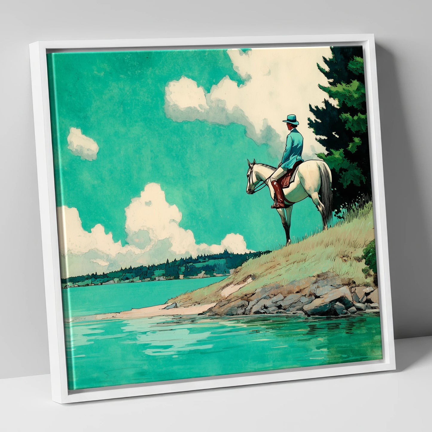 Teal Waters Vantage beach horse canvas wall art in white frame