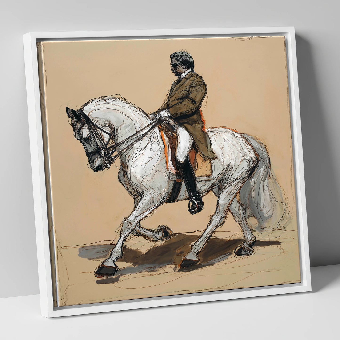 Harmonious Passage dressage horse canvas wall art in white frame
