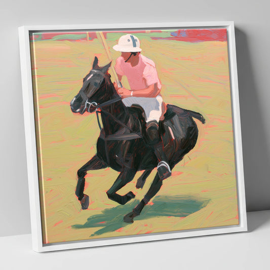The Pink Chukka polo horse canvas wall art in white frame