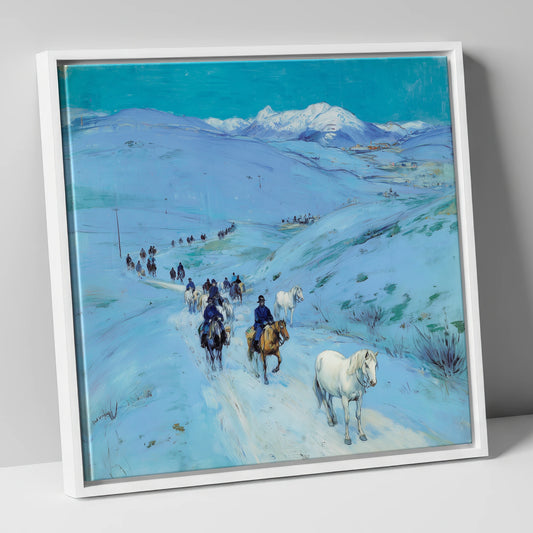 Alpine Winter Cavalcade horse landscape canvas wall art in white frame