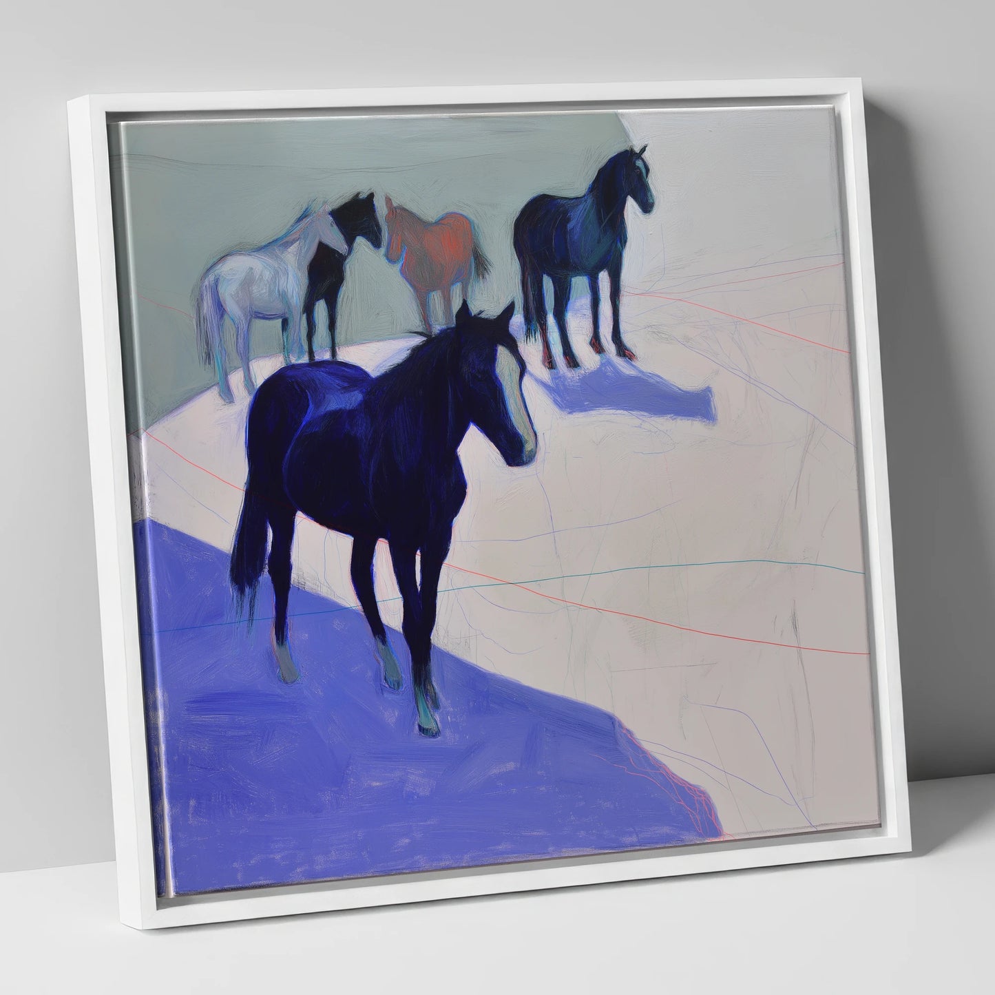 Abstract Herd in Blue wild horses canvas wall art in white frame