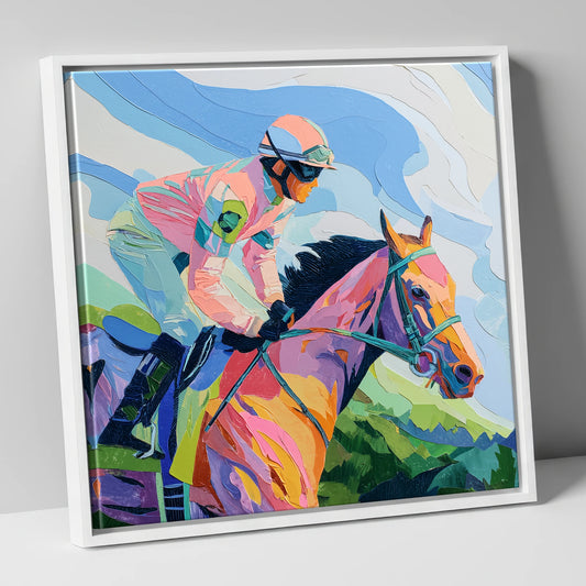 Technicolour Gallop racing horse canvas wall art in white frame