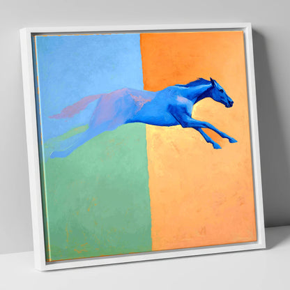 Cobalt Stretch racing horse canvas wall art in white frame