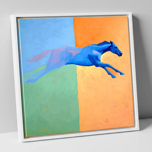 Cobalt Stretch racing horse canvas wall art in white frame