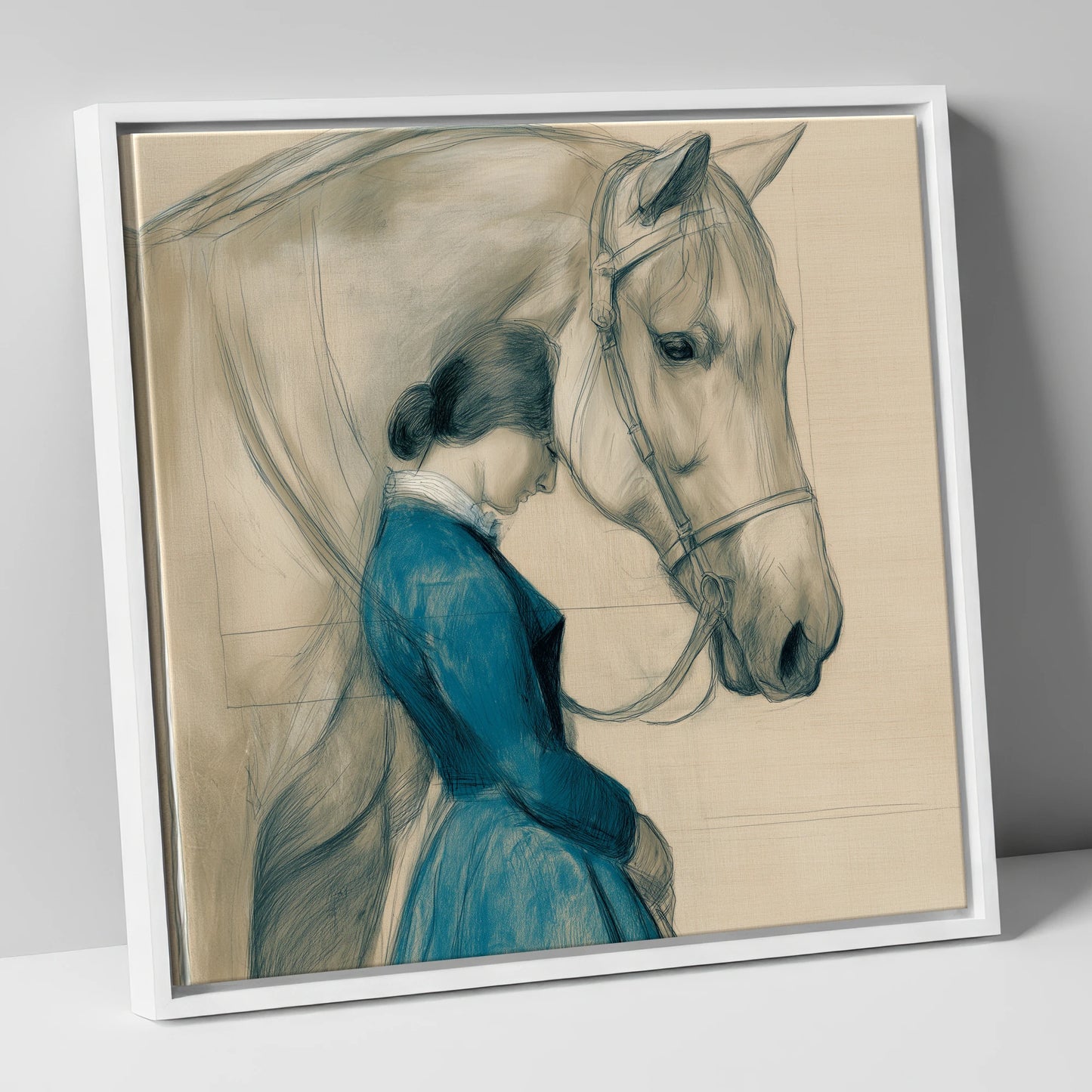 Solace in Stillness horse & rider canvas wall art in white frame