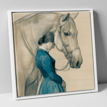 Solace in Stillness horse & rider canvas wall art in white frame