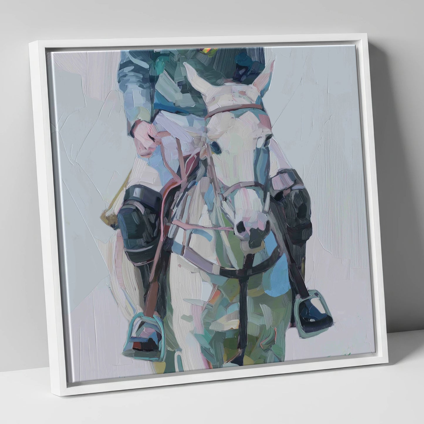 Quiet Before the Chukka polo horse canvas wall art in white frame