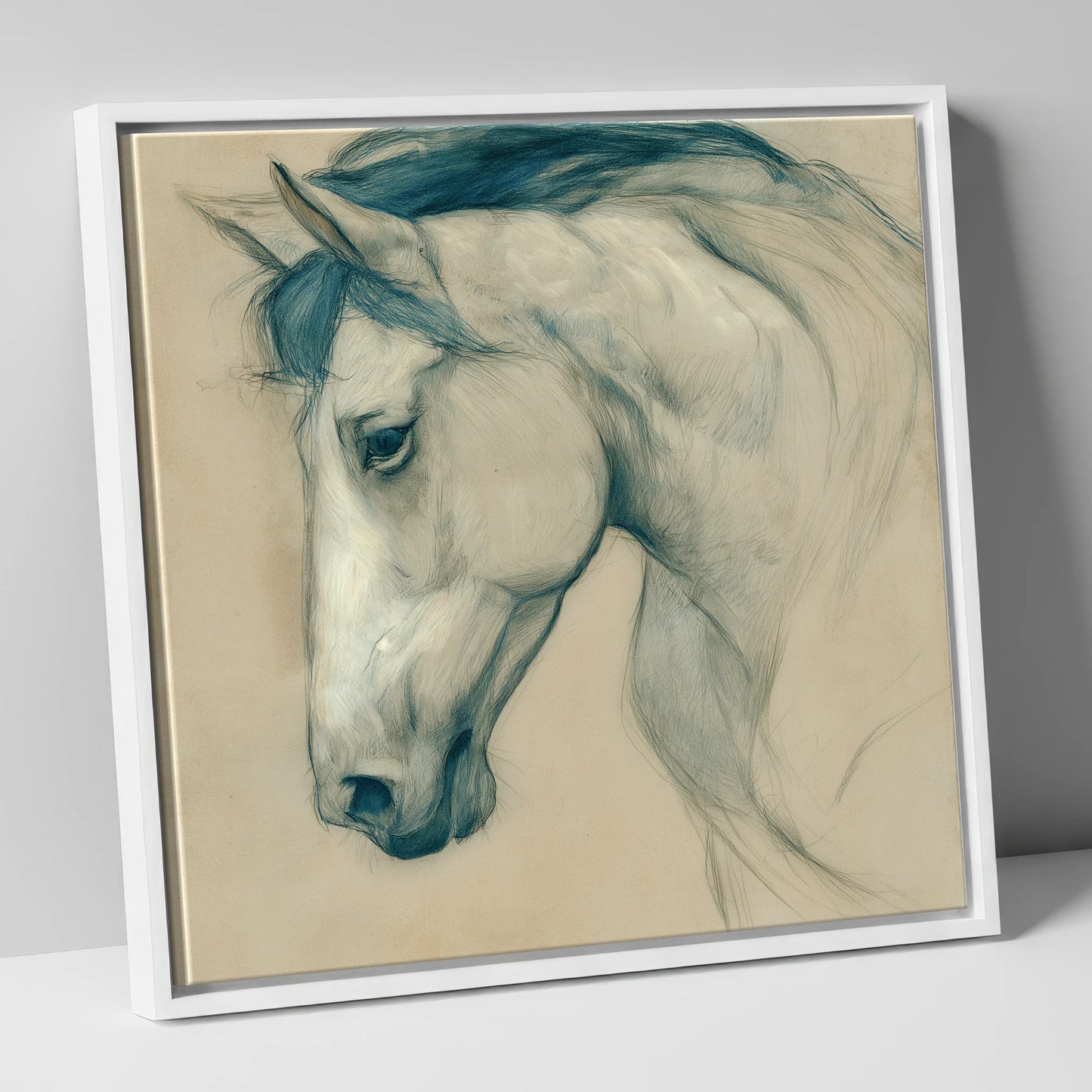 Quiet Grey Profile horse portrait canvas wall art in white frame