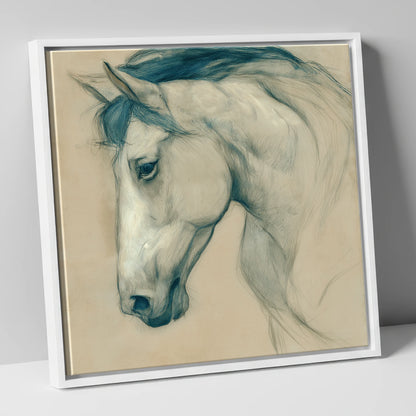 Quiet Grey Profile horse portrait canvas wall art in white frame
