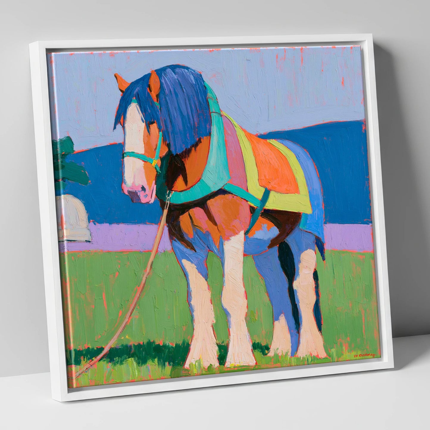 Colourful Heavy Horse In Harness horse breed canvas wall art in white frame