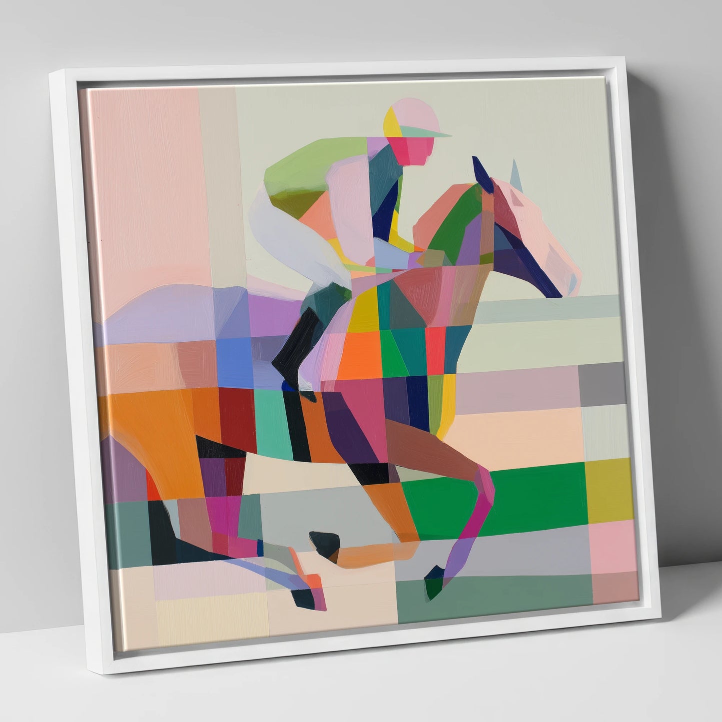 Prismatic Stride racing horse canvas wall art in white frame