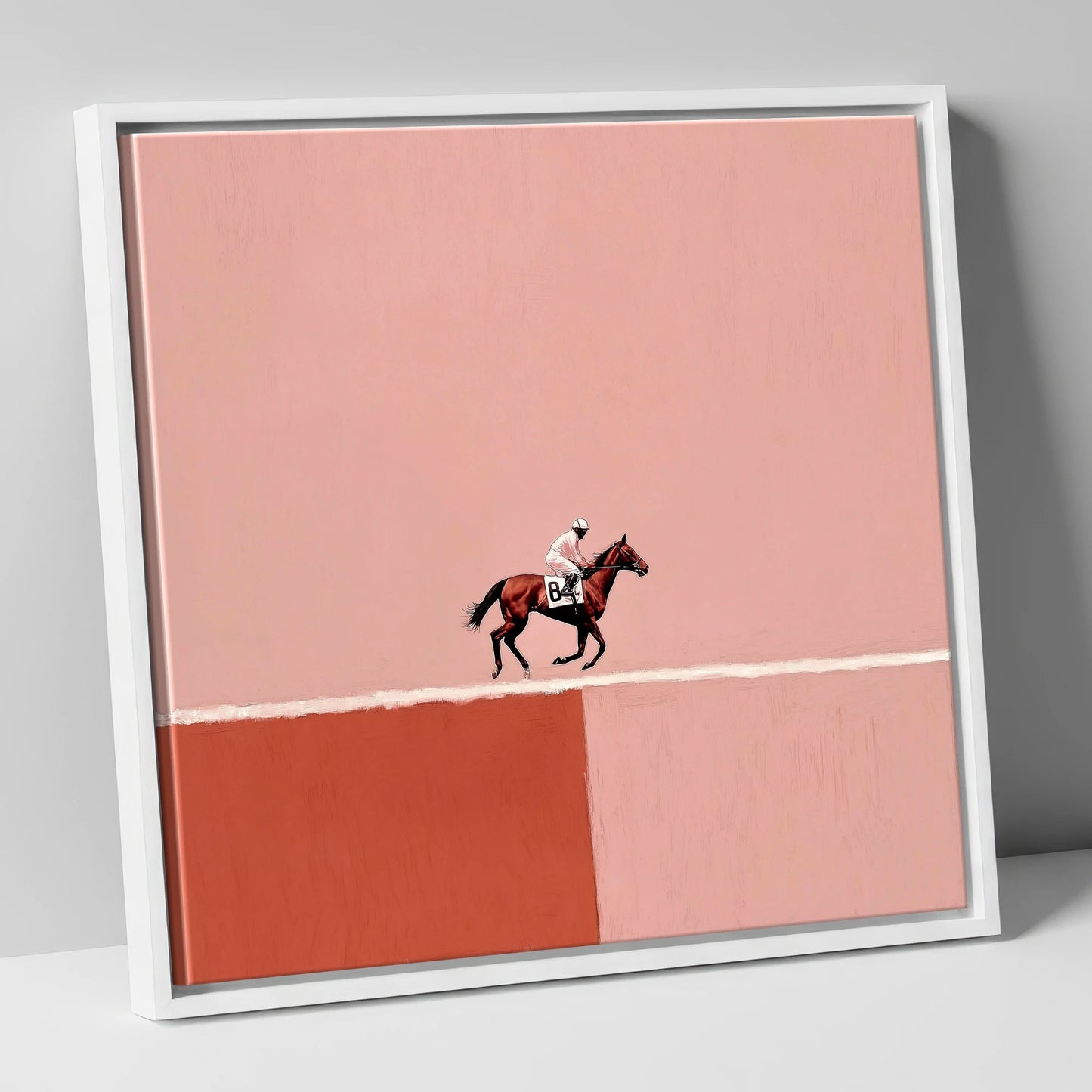 Dusty Rose Canter racing horse canvas wall art in white frame