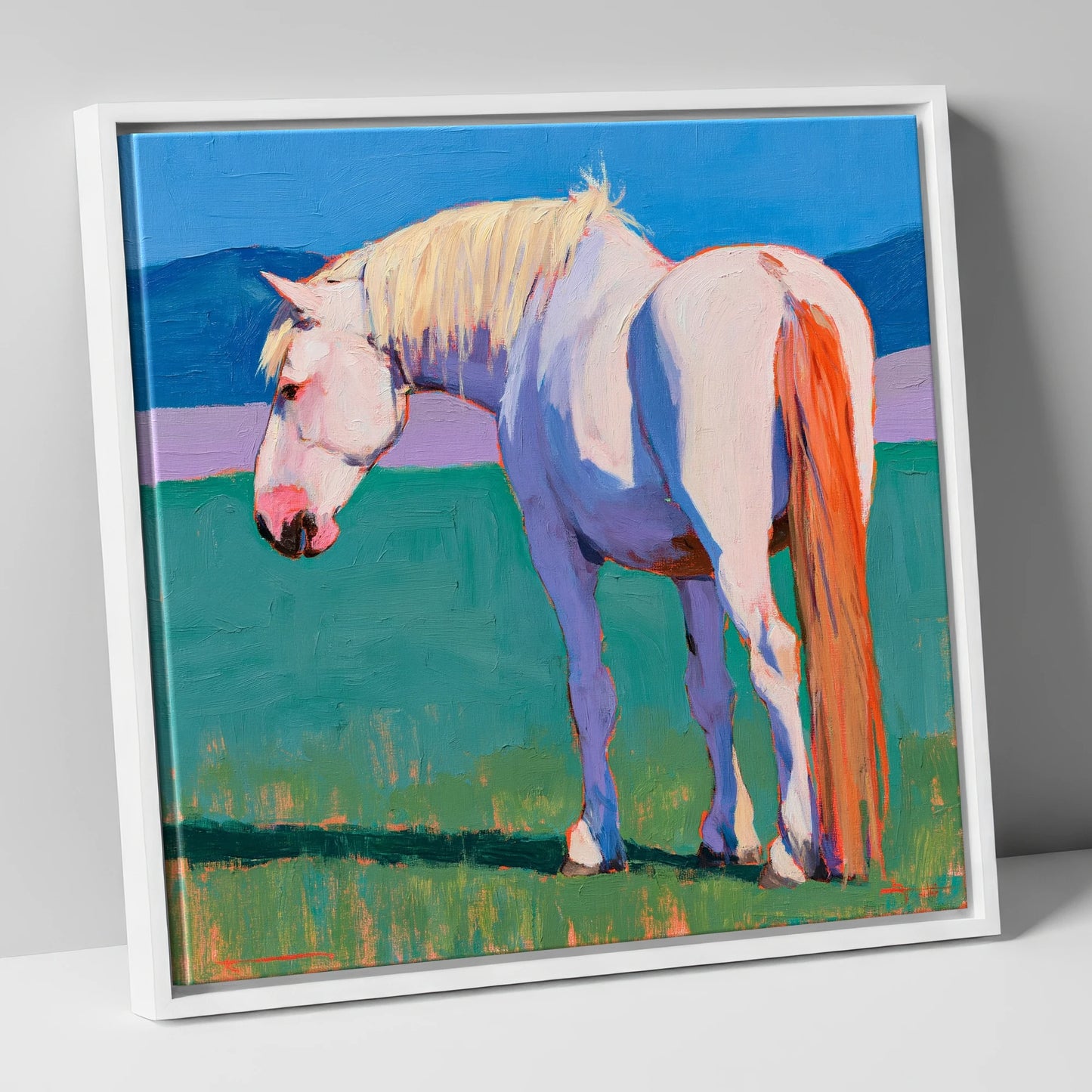 White Horse in Vibrant Light horse breed canvas wall art in white frame