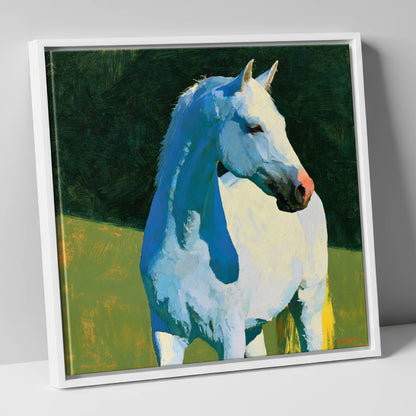 Grey Horse with Blue Shadows horse breed canvas wall art in white frame