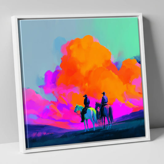 Vivid Western Horizon horse landscape canvas wall art in white frame