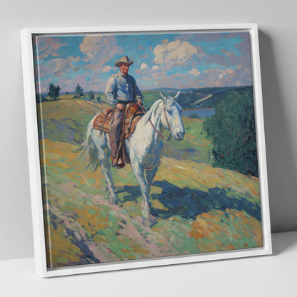 Riding the Ridge western horse canvas wall art in white frame
