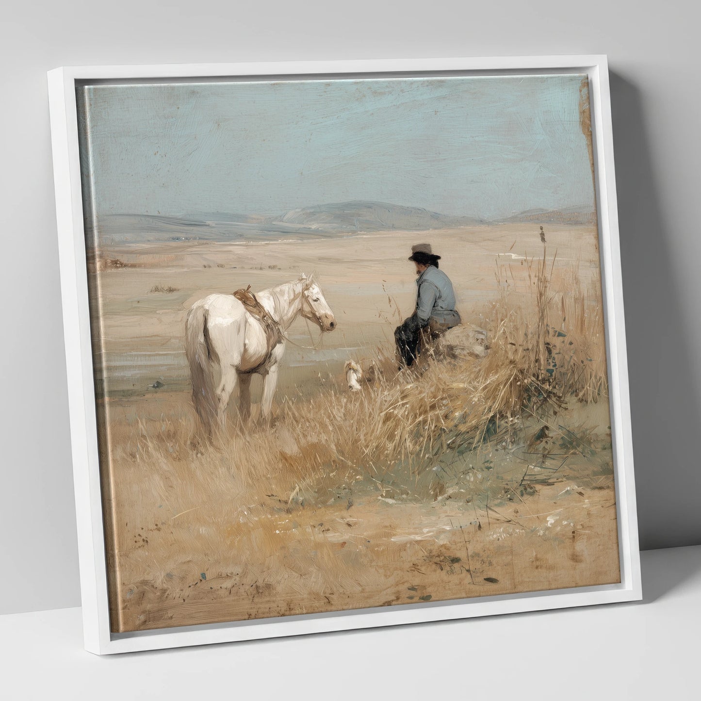 Vast Horizons horse & rider canvas wall art in white frame