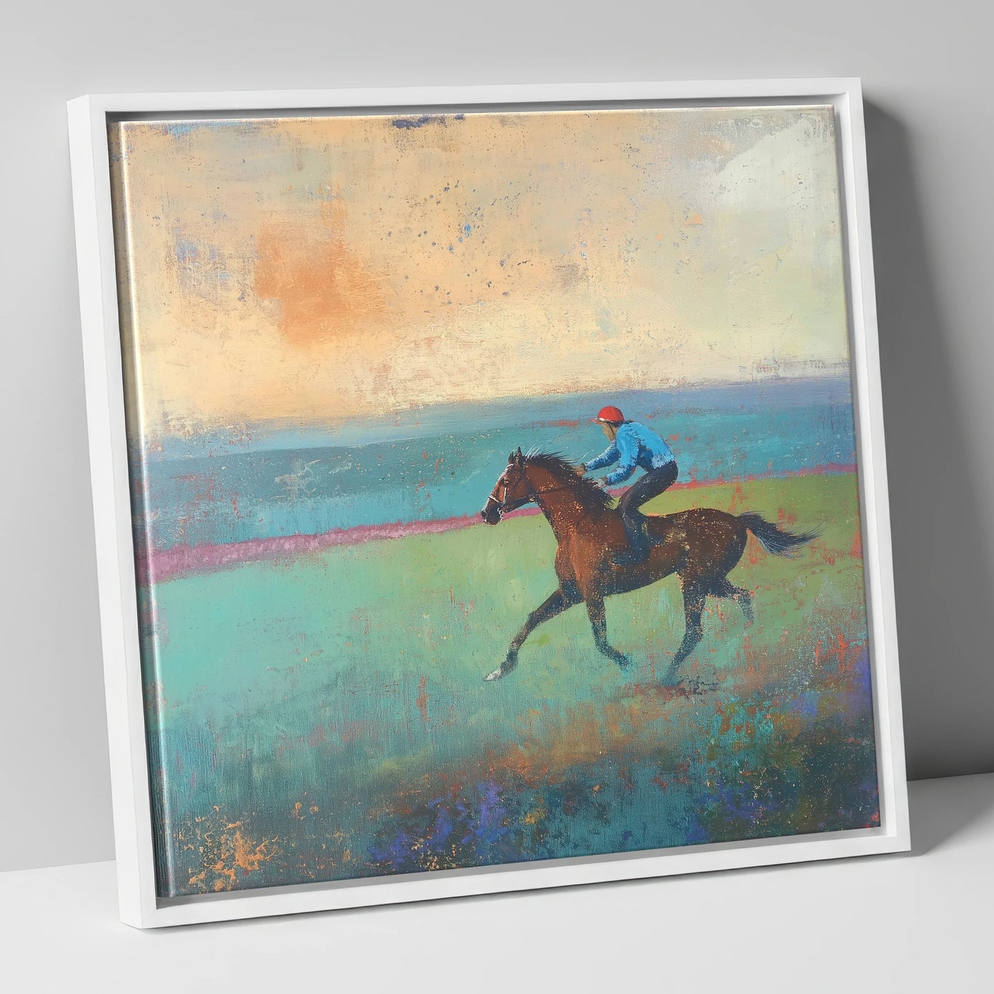 Early Morning Gallop racing horse canvas wall art in white frame
