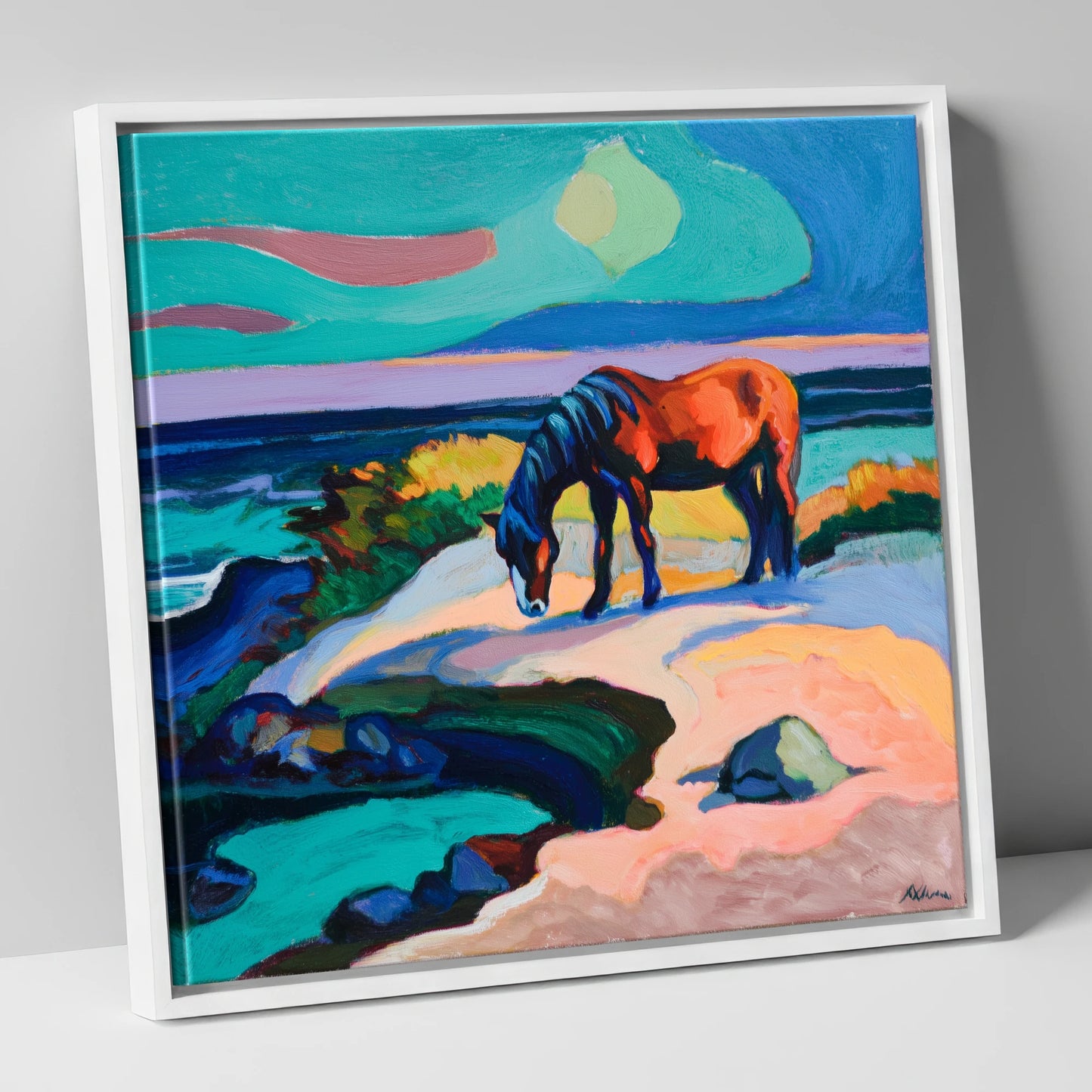 Vibrant Coastal Graze horse landscape canvas wall art in white frame
