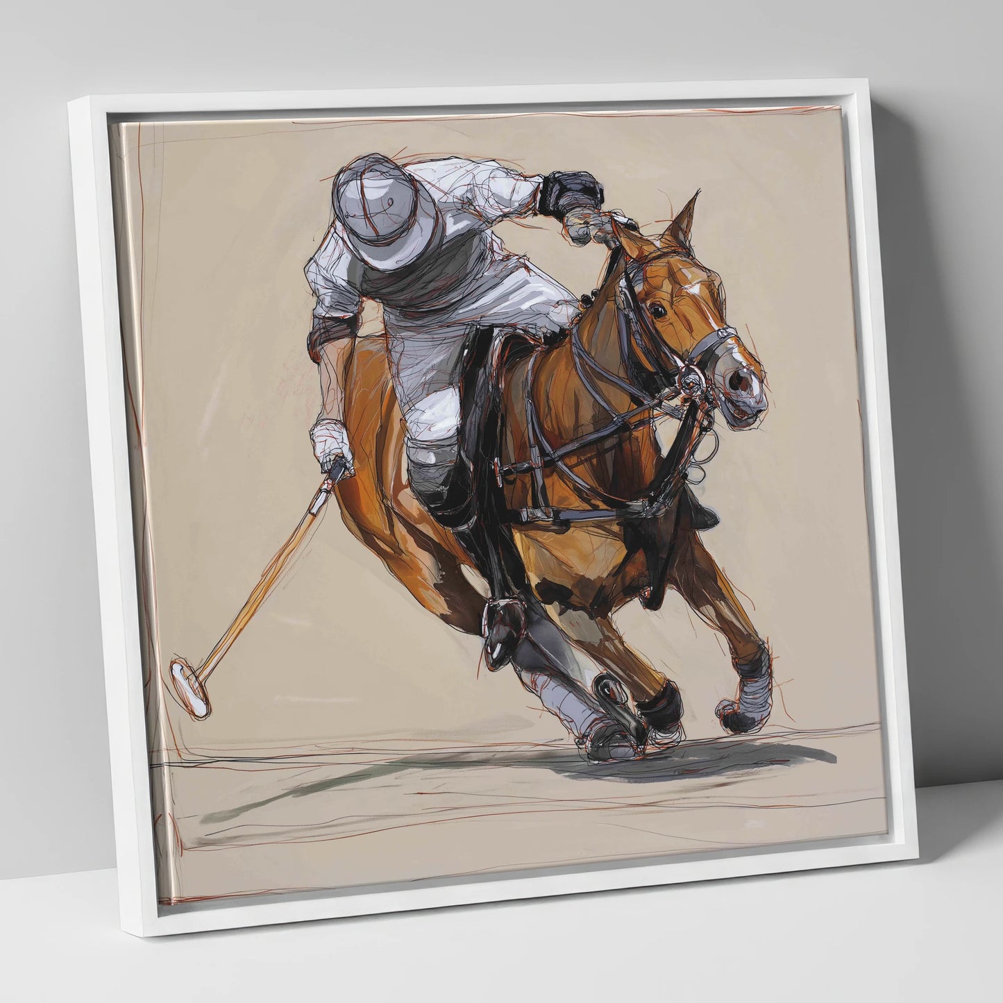 The Decisive Strike polo horse canvas wall art in white frame