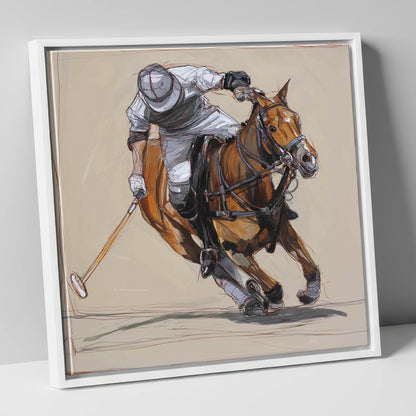 The Decisive Strike polo horse canvas wall art in white frame