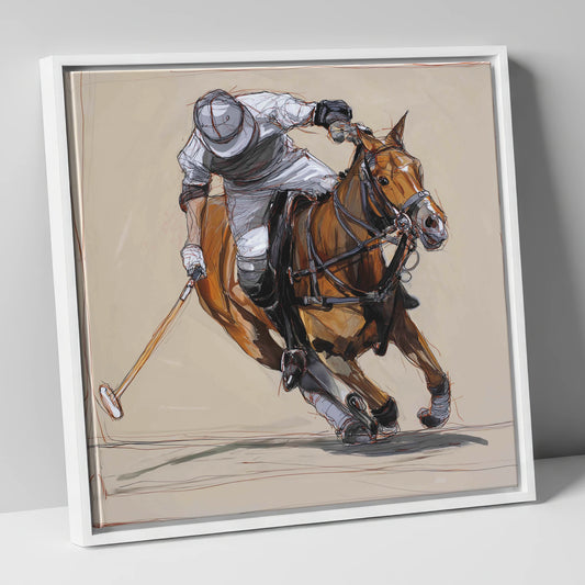 The Decisive Strike polo horse canvas wall art in white frame