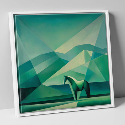 Emerald Equine Geometry horse landscape canvas wall art in white frame