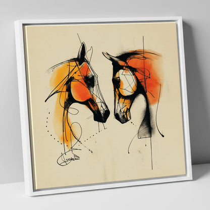 Abstract Amber Dialogue horse portrait canvas wall art in white frame