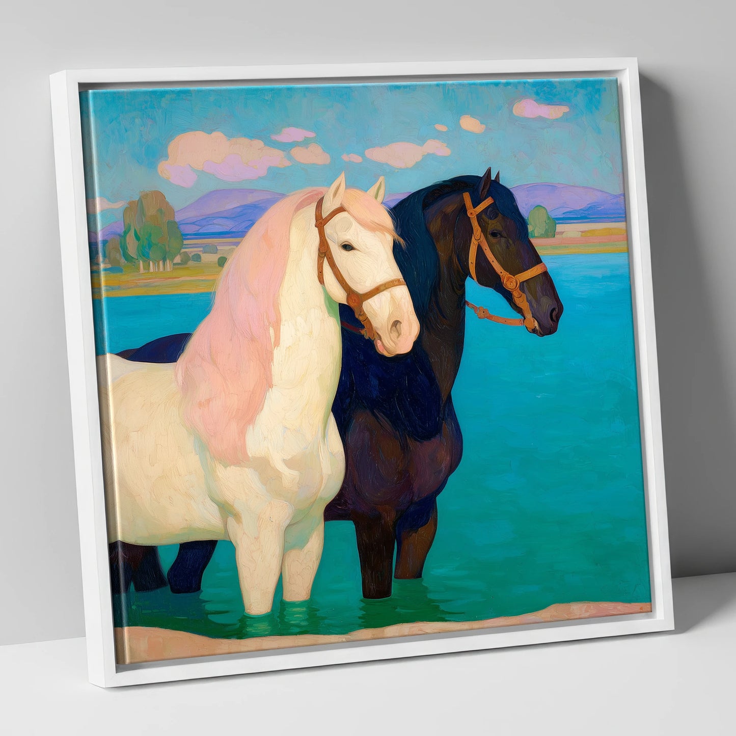 Cooling in the Shallows horse landscape canvas wall art in white frame