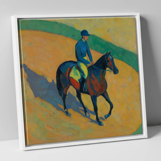 Shadows on the Golden Track racing horse canvas wall art in white frame