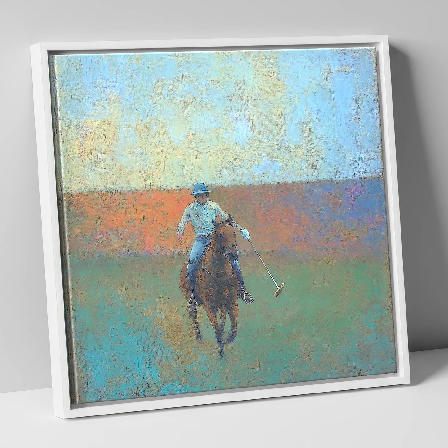 The Midfield Approach polo horse canvas wall art in white frame